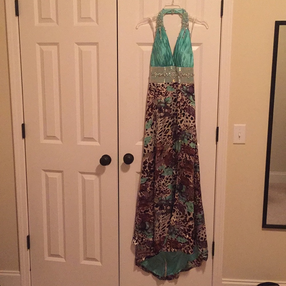 Formal gown, beaded top, slit up left leg, size 6